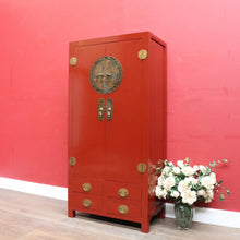 Load image into Gallery viewer, Vintage Chinese Style Red Lacquer Wedding Cabinet with Brass Medallion. B13075