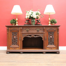 Load image into Gallery viewer, English Oak Sideboard with Carved Greenman Detail and Art Nouveau Handles. B12660