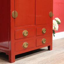 Load image into Gallery viewer, Vintage Chinese Style Red Lacquer Wedding Cabinet with Brass Medallion. B13075