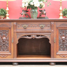 Load image into Gallery viewer, English Oak Sideboard with Carved Greenman Detail and Art Nouveau Handles. B12660