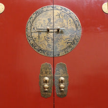 Load image into Gallery viewer, Vintage Chinese Style Red Lacquer Wedding Cabinet with Brass Medallion. B13075