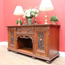 Load image into Gallery viewer, English Oak Sideboard with Carved Greenman Detail and Art Nouveau Handles. B12660