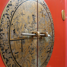Load image into Gallery viewer, Vintage Chinese Style Red Lacquer Wedding Cabinet with Brass Medallion. B13075