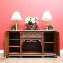 Load image into Gallery viewer, English Oak Sideboard with Carved Greenman Detail and Art Nouveau Handles. B12660