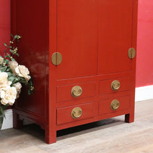 Load image into Gallery viewer, Vintage Chinese Style Red Lacquer Wedding Cabinet with Brass Medallion. B13076