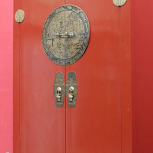 Load image into Gallery viewer, Vintage Chinese Style Red Lacquer Wedding Cabinet with Brass Medallion. B13076