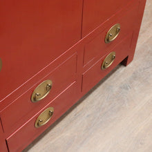 Load image into Gallery viewer, Vintage Chinese Style Red Lacquer Wedding Cabinet with Brass Medallion. B13076