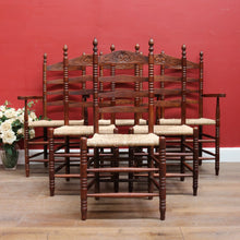 Load image into Gallery viewer, Set of Six Antique French Ladder Back Dining Chairs with Rush Seats. B12692