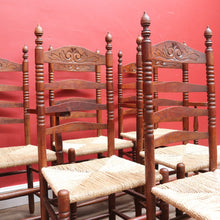 Load image into Gallery viewer, Set of Six Antique French Ladder Back Dining Chairs with Rush Seats. B12692