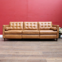 Load image into Gallery viewer, Vintage Tan Leather Three Seater Button Tufted Electric Recliner Lounge. B13084