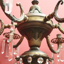 Load image into Gallery viewer, x SOLD Antique French Brass and Copper Six-Branch Candelabra, Glass Lustre Drops. B12369