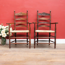 Load image into Gallery viewer, Pair of Antique French Carver Chairs with Rush Seats and Carved Ladder Backs. B12693