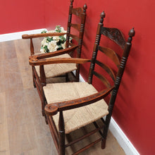 Load image into Gallery viewer, Pair of Antique French Carver Chairs with Rush Seats and Carved Ladder Backs. B12693