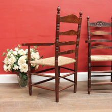 Load image into Gallery viewer, Pair of Antique French Carver Chairs with Rush Seats and Carved Ladder Backs. B12693