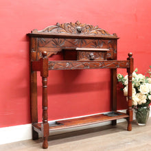 Load image into Gallery viewer, Antique English Oak Gothic Revival Umbrella Stand with Green Man Carved Pediment. B13083