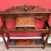 Load image into Gallery viewer, Antique English Oak Gothic Revival Umbrella Stand with Green Man Carved Pediment. B13083