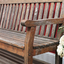 Load image into Gallery viewer, Vintage Hardwood Garden Bench Seat with Arms and Weathered Country Patina. B13067