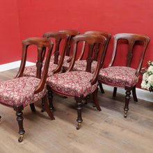 Load image into Gallery viewer, Set of Six Antique English Mahogany Victorian Dining Chairs with Porcelain Castors and Damask Upholstered Seats. 13080