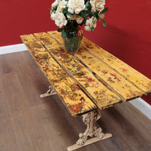 Load image into Gallery viewer, Vintage Cast Garden Pub Table with Timber Plank Top and Ornate Trestle Base. B13066