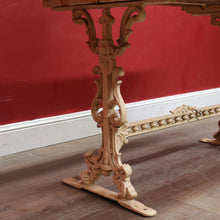 Load image into Gallery viewer, Vintage Cast Garden Pub Table with Timber Plank Top and Ornate Trestle Base. B13066