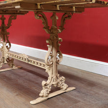 Load image into Gallery viewer, Vintage Cast Garden Pub Table with Timber Plank Top and Ornate Trestle Base. B13066