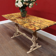 Load image into Gallery viewer, Vintage Cast Garden Pub Table with Timber Plank Top and Ornate Trestle Base. B13066