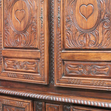 Load image into Gallery viewer, Antique French Oak Breton Marriage Cabinet Two Piece Four Door Carved Display Cabinet. B13111