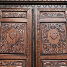 Load image into Gallery viewer, Antique French Oak Breton Marriage Cabinet Two Piece Four Door Carved Display Cabinet. B13111