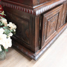Load image into Gallery viewer, Antique French Oak Breton Marriage Cabinet Two Piece Four Door Carved Display Cabinet. B13111