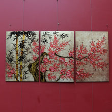 Load image into Gallery viewer, Set of Three Japanese Cherry Blossom Artworks with Gold Leaf and Lacquer Finish. B12879