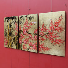 Load image into Gallery viewer, Set of Three Japanese Cherry Blossom Artworks with Gold Leaf and Lacquer Finish. B12879