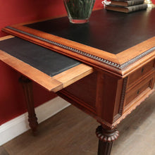 Load image into Gallery viewer, x SOLD Antique French Walnut Desk with Black Leather Inserts. Five drawers and Turned Legs. B12423