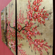 Load image into Gallery viewer, Set of Three Japanese Cherry Blossom Artworks with Gold Leaf and Lacquer Finish. B12879