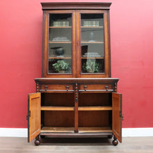 Load image into Gallery viewer, Antique English Oak Two Height Bookcase, Glazed Doors Panel Cupboard and Drawers. B13088