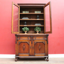 Load image into Gallery viewer, Antique English Oak Two Height Bookcase, Glazed Doors Panel Cupboard and Drawers. B13088
