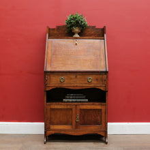 Load image into Gallery viewer, x SOLD Antique English Oak Slimline Drop Front Writing Bureau with Brass Handles Arts and Crafts Era. B12687