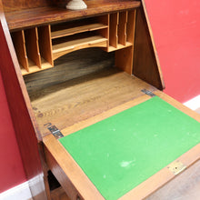 Load image into Gallery viewer, x SOLD Antique English Oak Slimline Drop Front Writing Bureau with Brass Handles Arts and Crafts Era. B12687