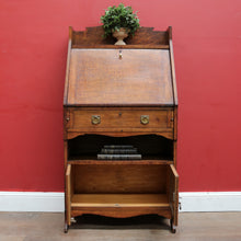 Load image into Gallery viewer, x SOLD Antique English Oak Slimline Drop Front Writing Bureau with Brass Handles Arts and Crafts Era. B12687