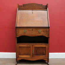 Load image into Gallery viewer, x SOLD Antique English Oak Slimline Drop Front Writing Bureau with Brass Handles Arts and Crafts Era. B12687