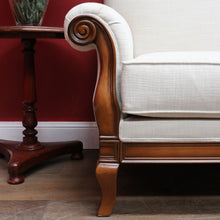 Load image into Gallery viewer, Vintage European Walnut Two Seater Sofa with Neutral Linen Style Upholstery. B13120