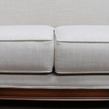 Load image into Gallery viewer, Vintage European Walnut Two Seater Sofa with Neutral Linen Style Upholstery. B13120