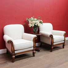 Load image into Gallery viewer, Pair of Vintage European Walnut Upholstered Armchairs, Linen Fabric. B13122