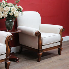 Load image into Gallery viewer, Pair of Vintage European Walnut Upholstered Armchairs, Linen Fabric. B13122