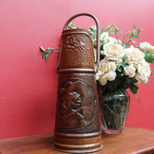 Load image into Gallery viewer, x SOLD Antique Dutch Copper Coal Scuttle Marked Hubens with Musketeer Imprint and Dual Handles. B12856