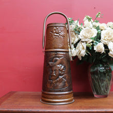 Load image into Gallery viewer, x SOLD Antique Dutch Copper Coal Scuttle Marked Hubens with Musketeer Imprint and Dual Handles. B12856