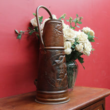 Load image into Gallery viewer, x SOLD Antique Dutch Copper Coal Scuttle Marked Hubens with Musketeer Imprint and Dual Handles. B12856