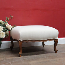 Load image into Gallery viewer, Vintage European Walnut Upholstered Footstool Ottoman, Linen Fabric. B13121