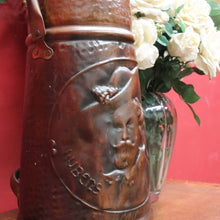 Load image into Gallery viewer, x SOLD Antique Dutch Copper Coal Scuttle Marked Hubens with Musketeer Imprint and Dual Handles. B12856
