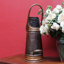 Load image into Gallery viewer, x SOLD Antique Dutch Copper Coal Scuttle Marked Hubens with Musketeer Imprint and Dual Handles. B12856