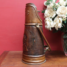Load image into Gallery viewer, x SOLD Antique Dutch Copper Coal Scuttle Marked Hubens with Musketeer Imprint and Dual Handles. B12856